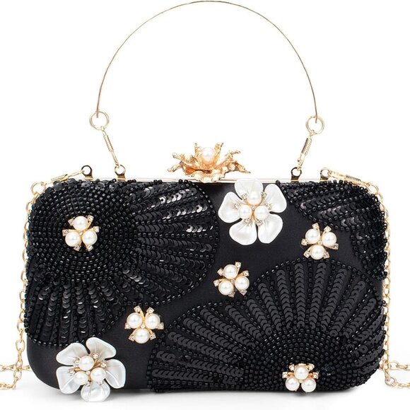Accessories - Elegant Black Evening Bag with 3D Floral Design - Perfect for Weddings